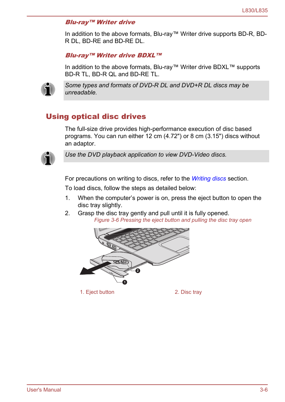 Using optical disc drives | Toshiba Satellite L830 User Manual | Page 44 / 156
