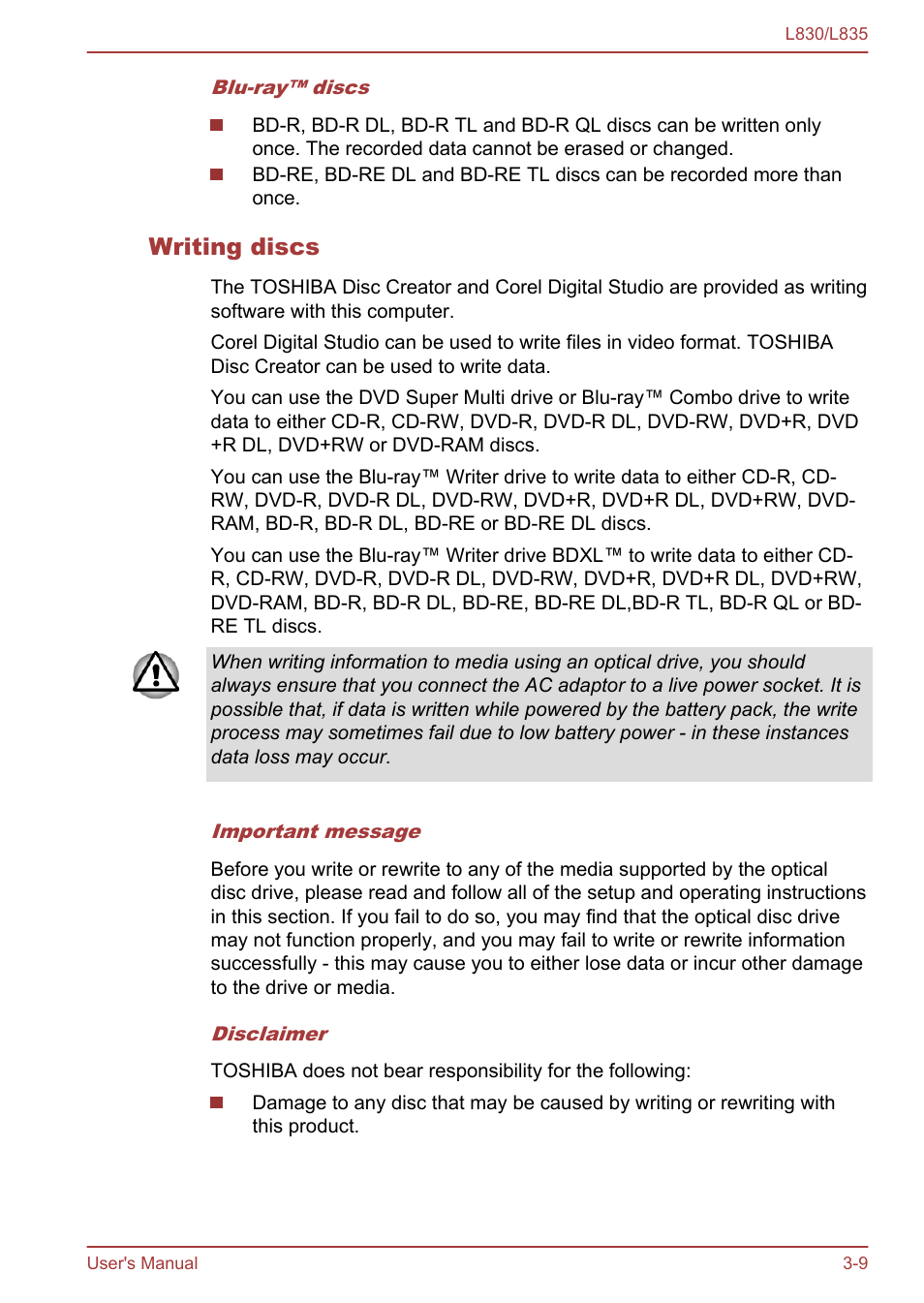 Writing discs | Toshiba Satellite L830 User Manual | Page 47 / 156