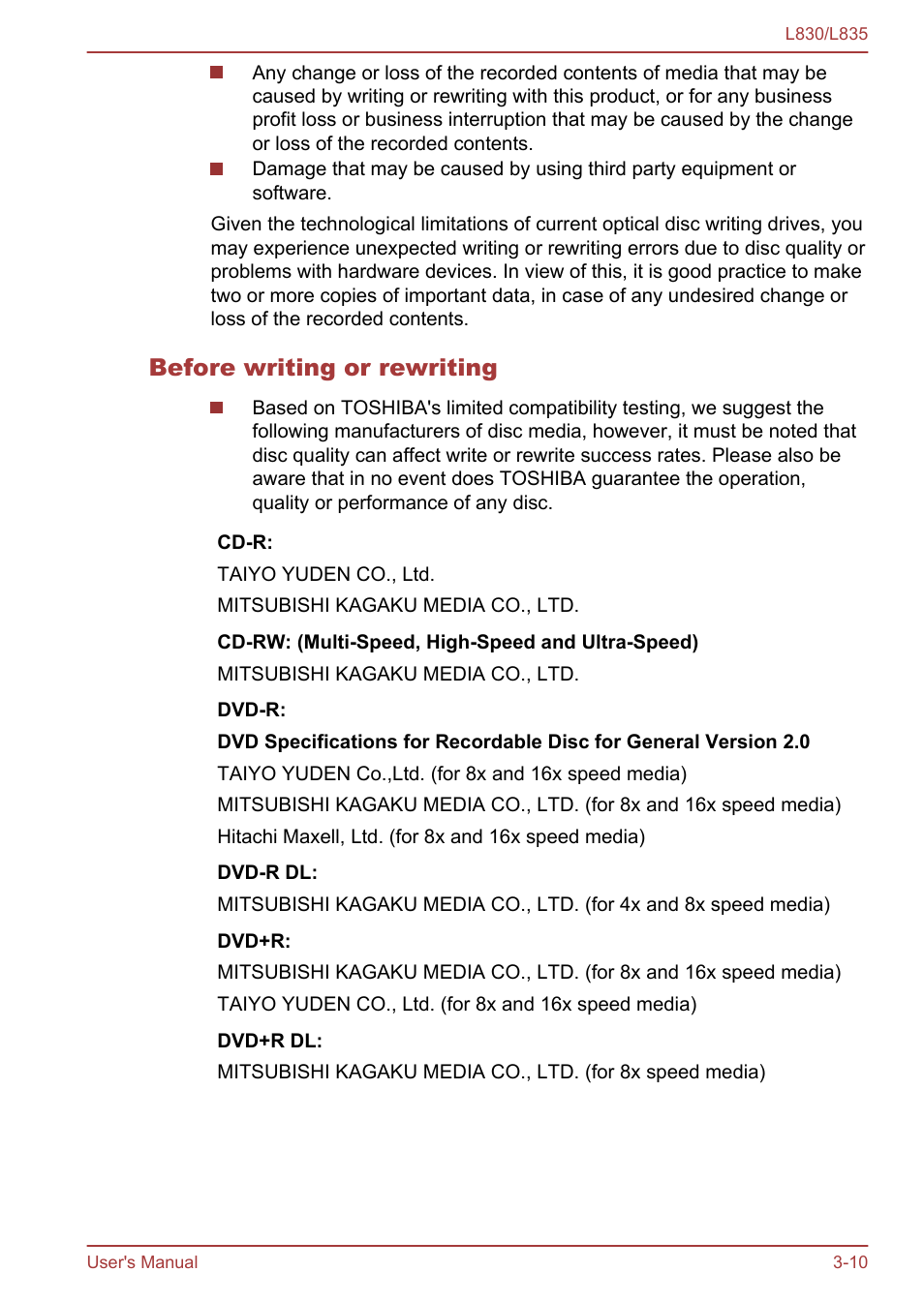 Before writing or rewriting | Toshiba Satellite L830 User Manual | Page 48 / 156