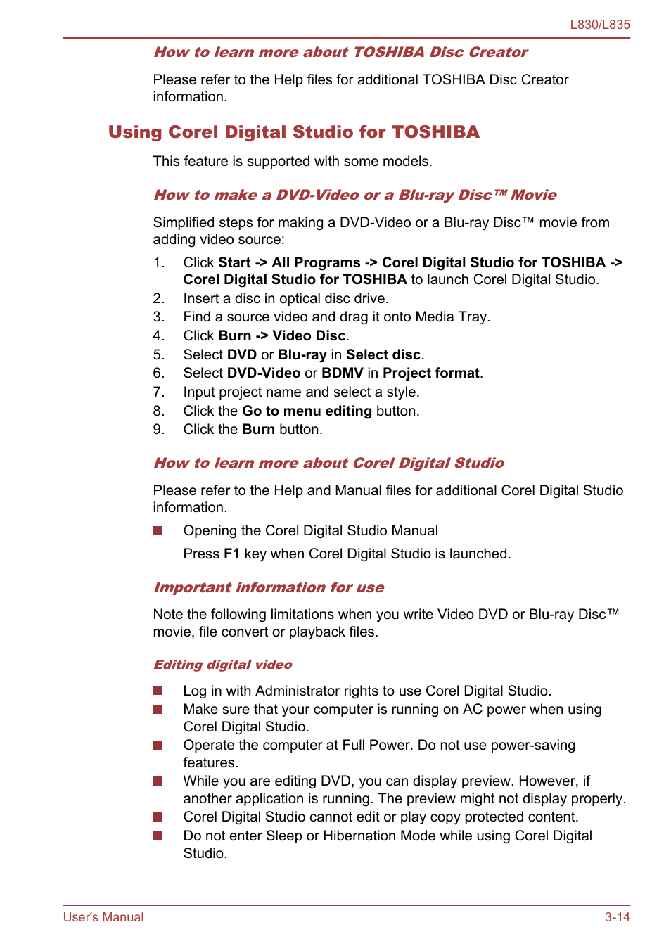 Using corel digital studio for toshiba | Toshiba Satellite L830 User Manual | Page 52 / 156