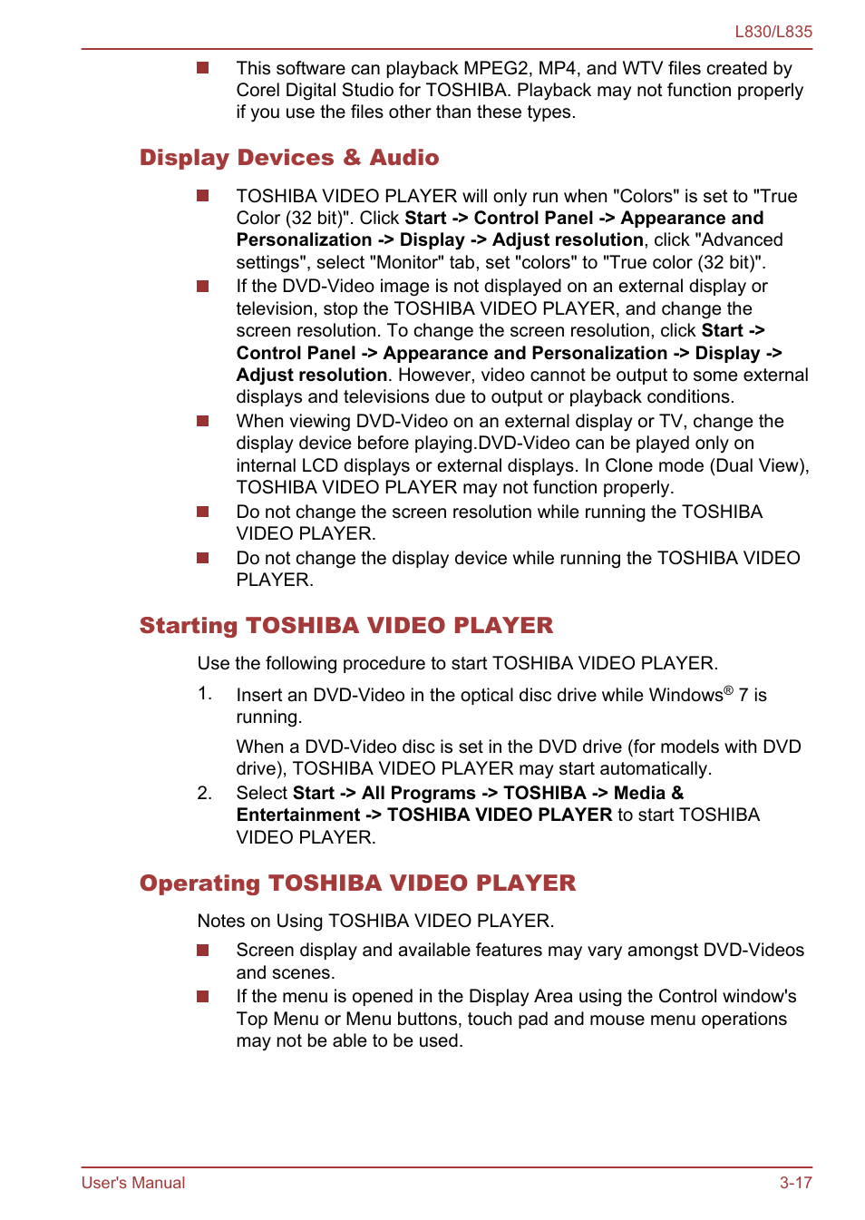 Display devices & audio, Starting toshiba video player, Operating toshiba video player | Toshiba Satellite L830 User Manual | Page 55 / 156