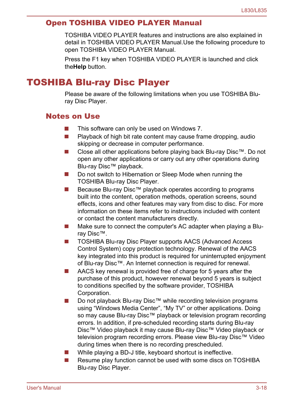 Open toshiba video player manual, Toshiba blu-ray disc player, Notes on use | Toshiba blu-ray disc player -18 | Toshiba Satellite L830 User Manual | Page 56 / 156