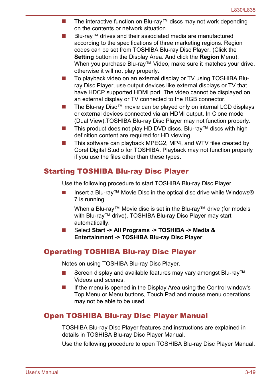 Starting toshiba blu-ray disc player, Operating toshiba blu-ray disc player, Open toshiba blu-ray disc player manual | Toshiba Satellite L830 User Manual | Page 57 / 156
