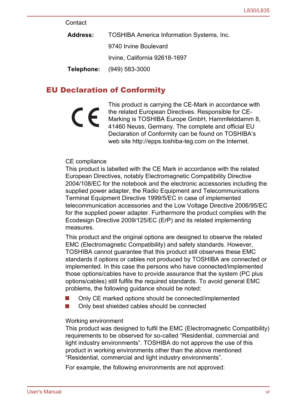 Eu declaration of conformity | Toshiba Satellite L830 User Manual | Page 6 / 156