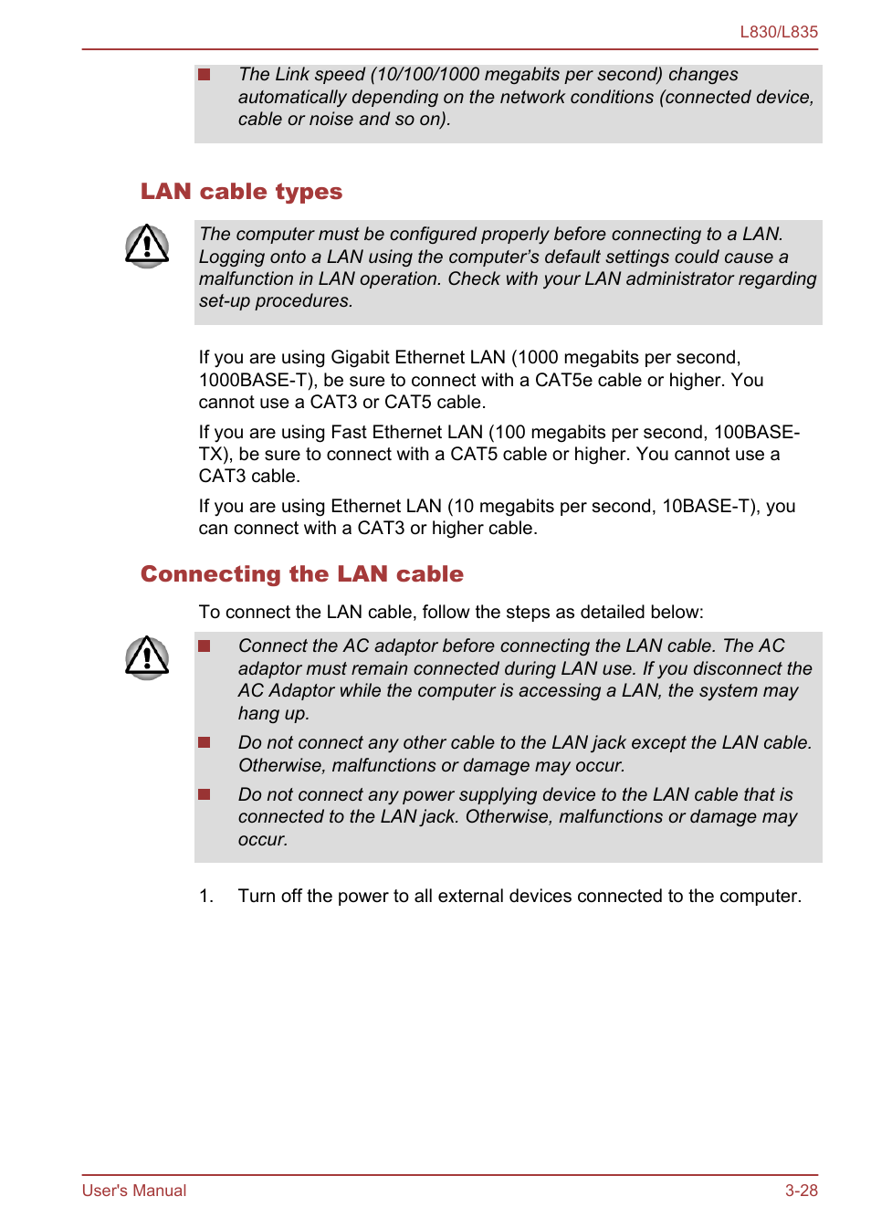 Lan cable types, Connecting the lan cable | Toshiba Satellite L830 User Manual | Page 66 / 156