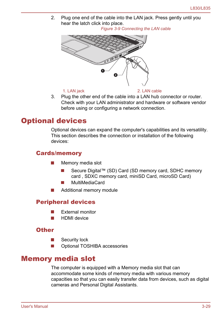 Optional devices, Cards/memory, Peripheral devices | Other, Memory media slot, Optional devices -29 memory media slot -29 | Toshiba Satellite L830 User Manual | Page 67 / 156