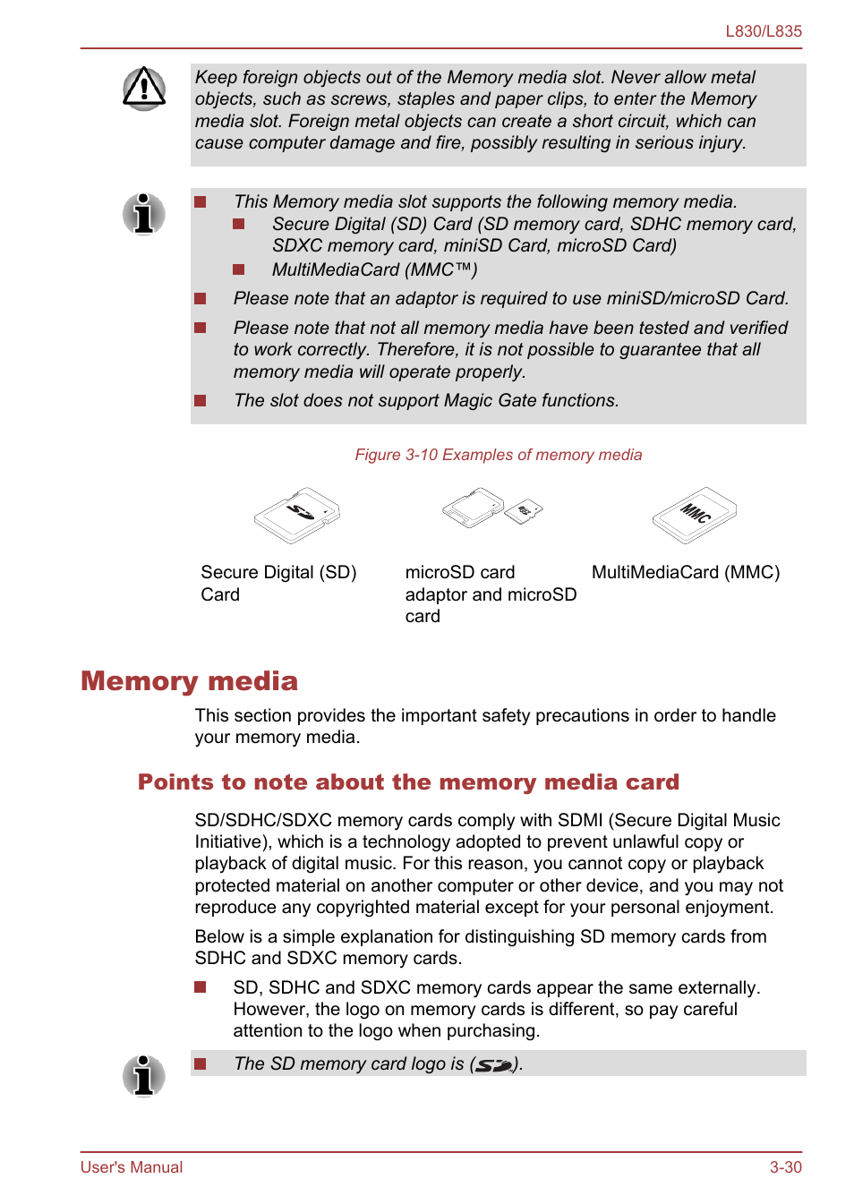 Memory media, Points to note about the memory media card, Memory media -30 | Toshiba Satellite L830 User Manual | Page 68 / 156