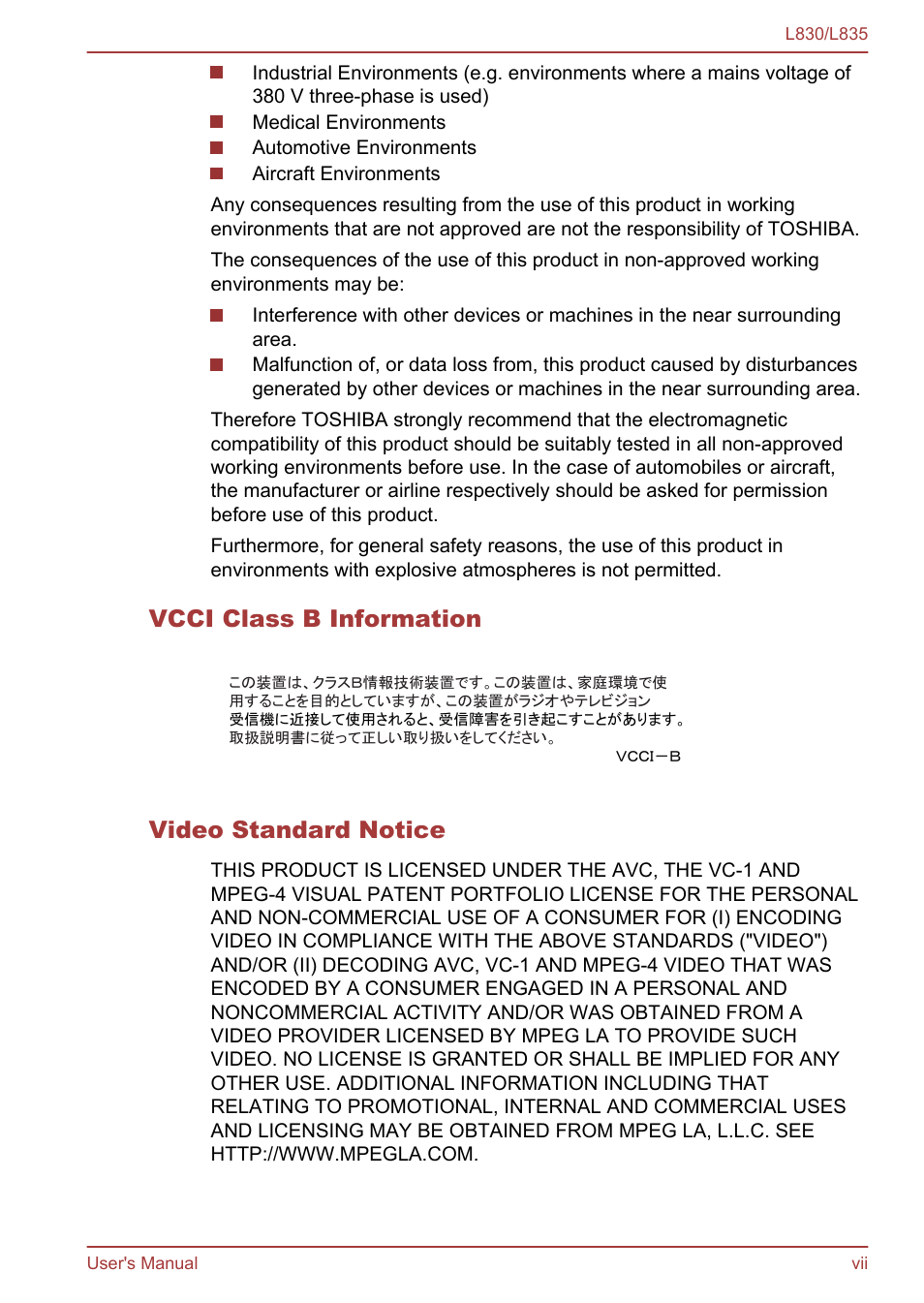 Vcci class b information, Video standard notice | Toshiba Satellite L830 User Manual | Page 7 / 156