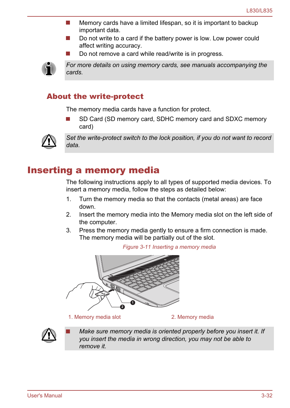 About the write-protect, Inserting a memory media, Inserting a memory media -32 | Toshiba Satellite L830 User Manual | Page 70 / 156