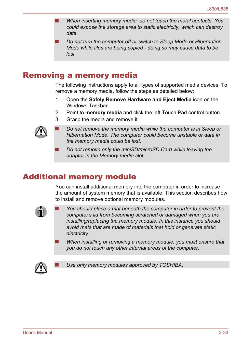 Removing a memory media, Additional memory module | Toshiba Satellite L830 User Manual | Page 71 / 156