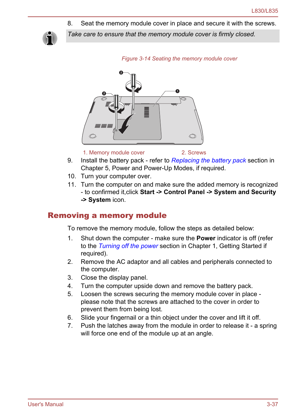 Removing a memory module | Toshiba Satellite L830 User Manual | Page 75 / 156