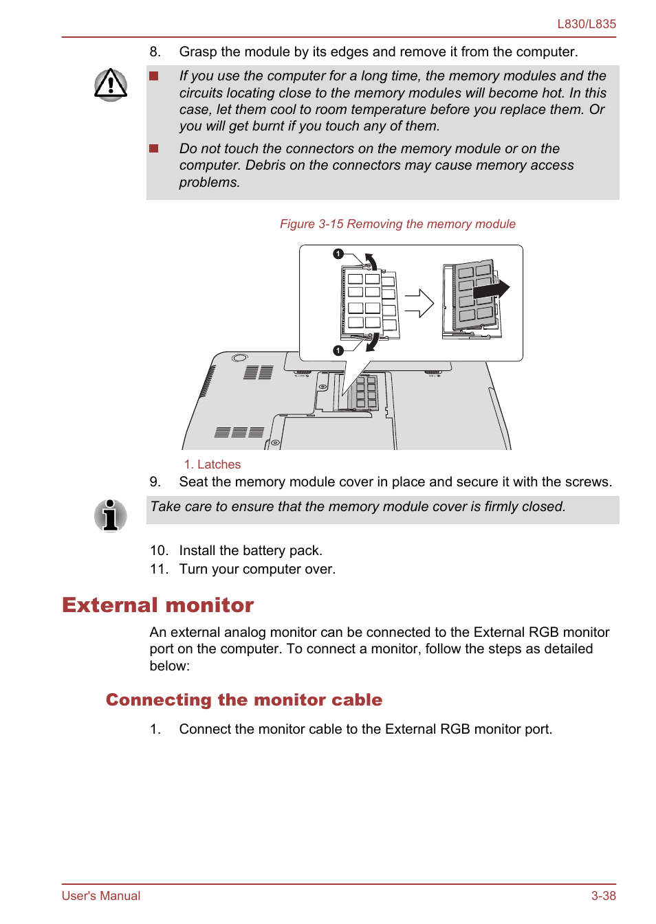External monitor, Connecting the monitor cable, External monitor -38 | Toshiba Satellite L830 User Manual | Page 76 / 156