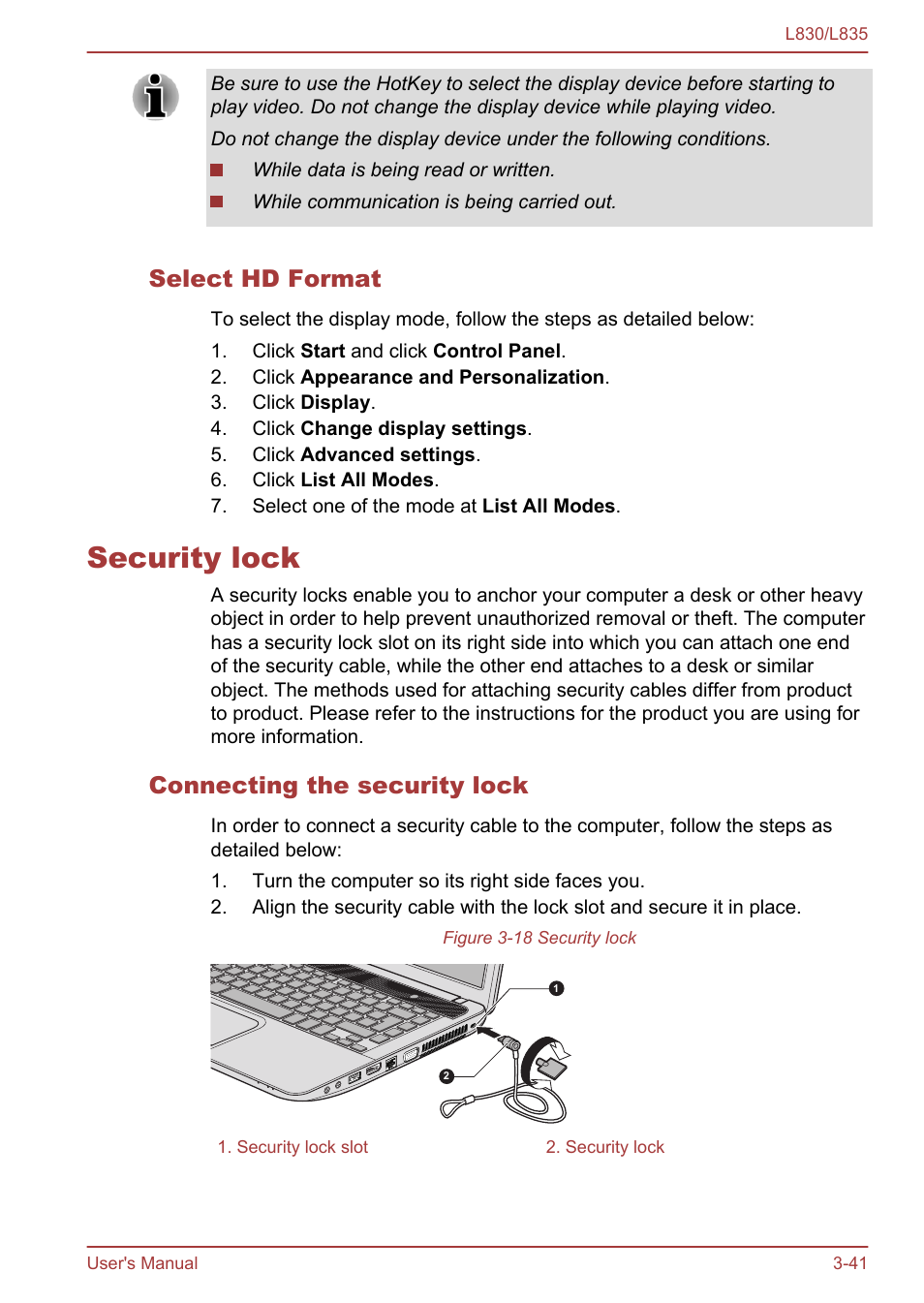 Select hd format, Security lock, Connecting the security lock | Security lock -41 | Toshiba Satellite L830 User Manual | Page 79 / 156