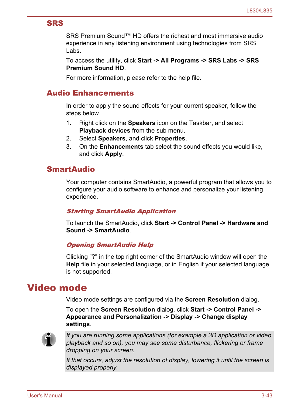 Audio enhancements, Smartaudio, Video mode | Video mode -43 | Toshiba Satellite L830 User Manual | Page 81 / 156