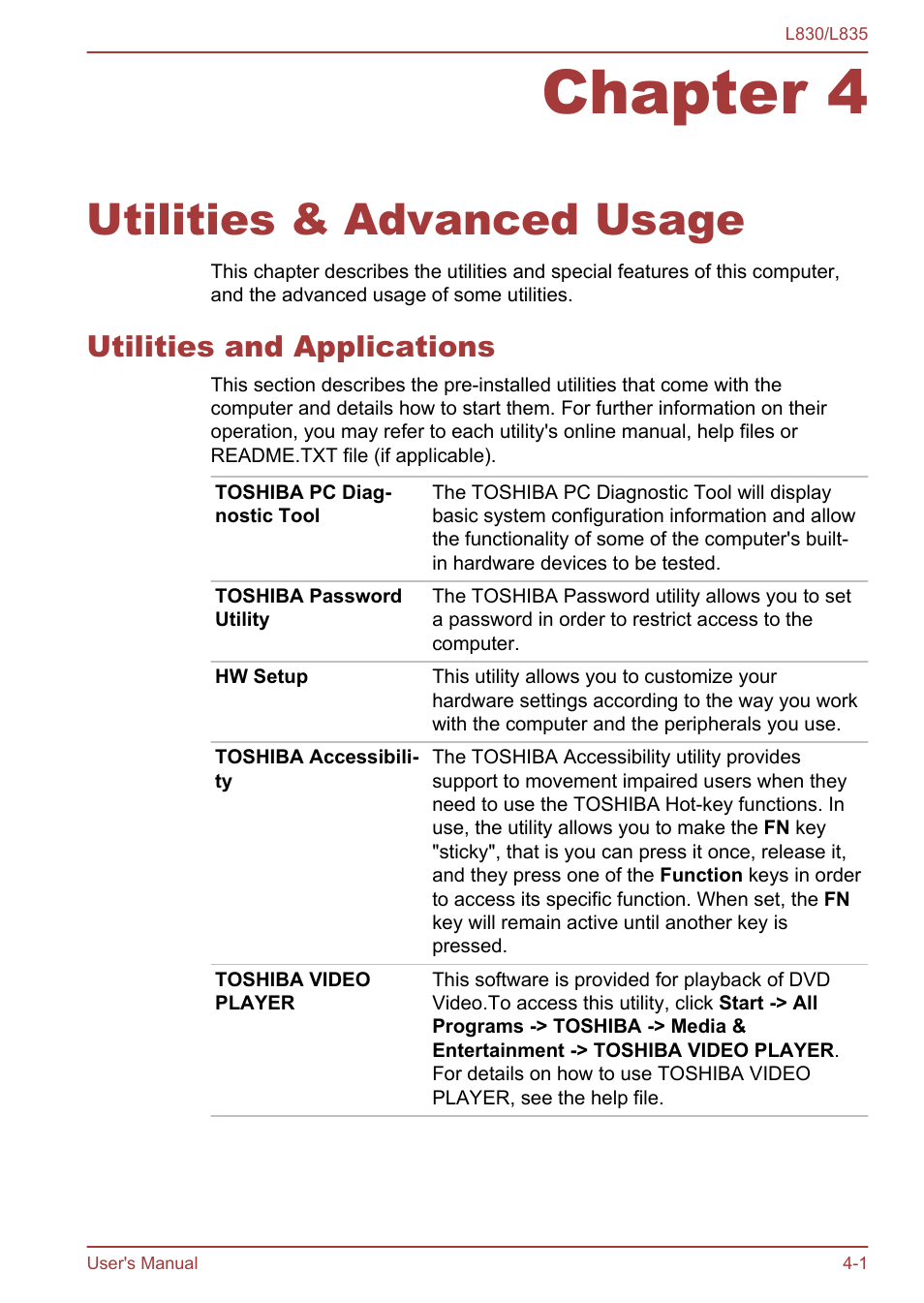 Chapter 4 utilities & advanced usage, Utilities and applications, Chapter 4 | Utilities & advanced usage, Utilities and applications -1 | Toshiba Satellite L830 User Manual | Page 84 / 156