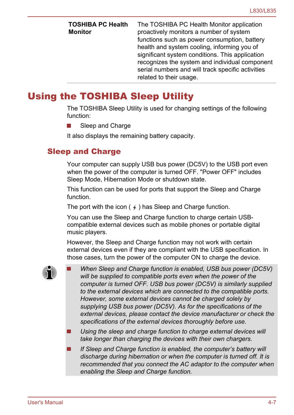 Using the toshiba sleep utility, Sleep and charge, Using the toshiba sleep utility -7 | Toshiba Satellite L830 User Manual | Page 90 / 156