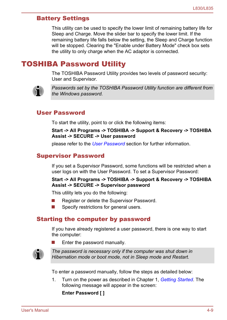 Battery settings, Toshiba password utility, User password | Supervisor password, Starting the computer by password, Toshiba password utility -9 | Toshiba Satellite L830 User Manual | Page 92 / 156