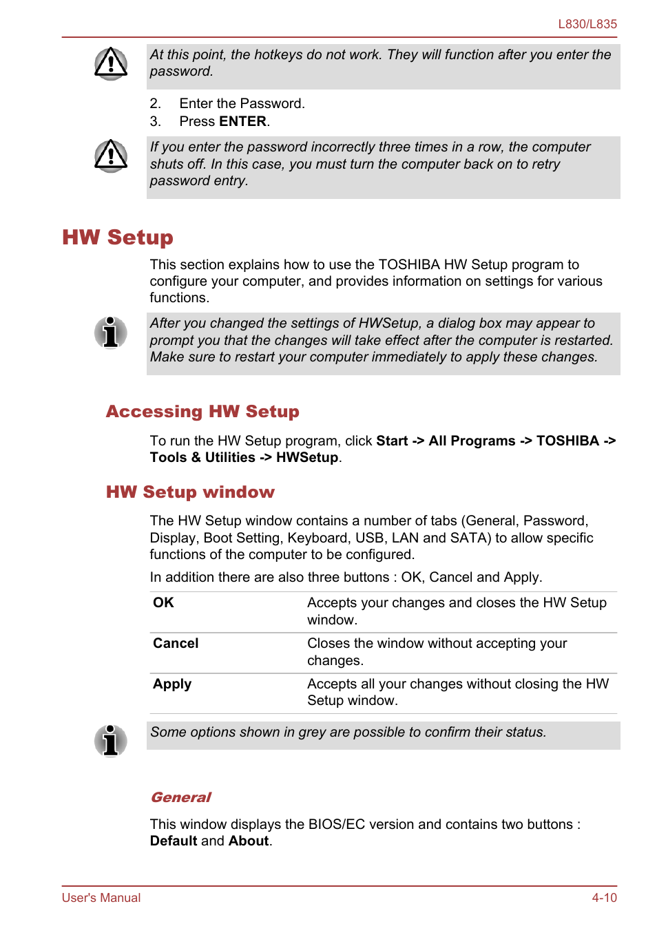 Hw setup, Accessing hw setup, Hw setup window | Hw setup -10 | Toshiba Satellite L830 User Manual | Page 93 / 156