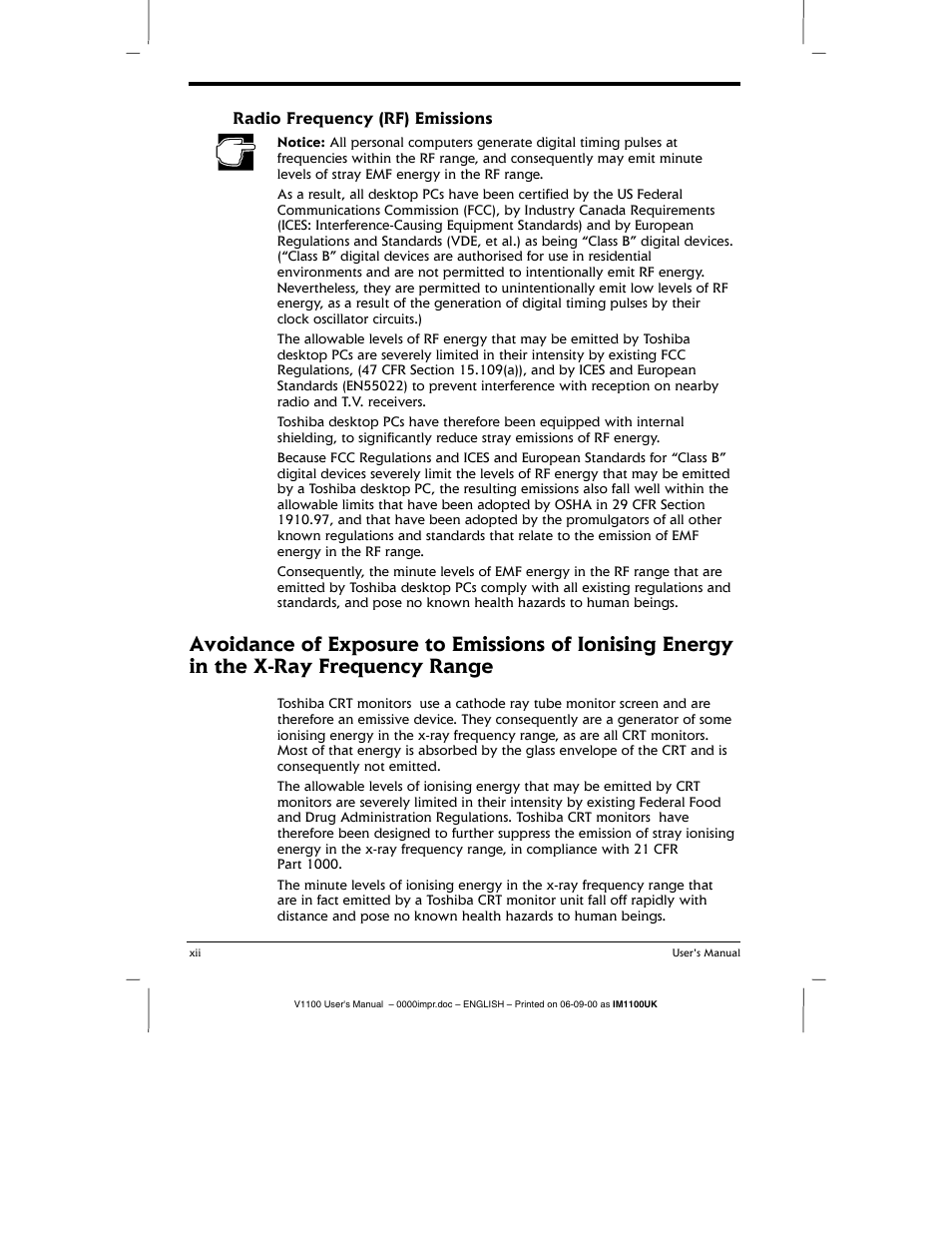 Radío frequency (rf) emissions | Toshiba V1100 User Manual | Page 12 / 76