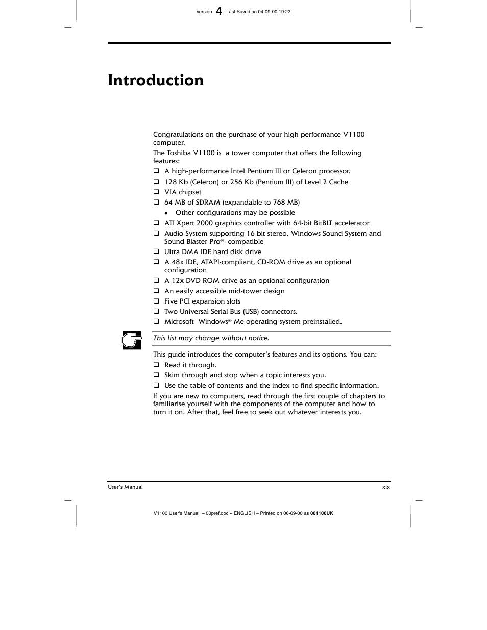 Introduction | Toshiba V1100 User Manual | Page 17 / 76