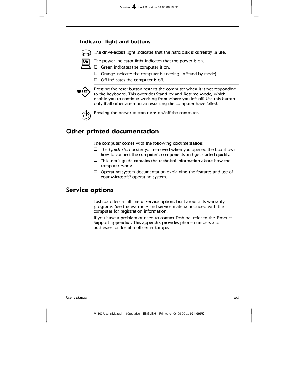 Indicator light and buttons, Other printed documentation, Service options | Toshiba V1100 User Manual | Page 19 / 76
