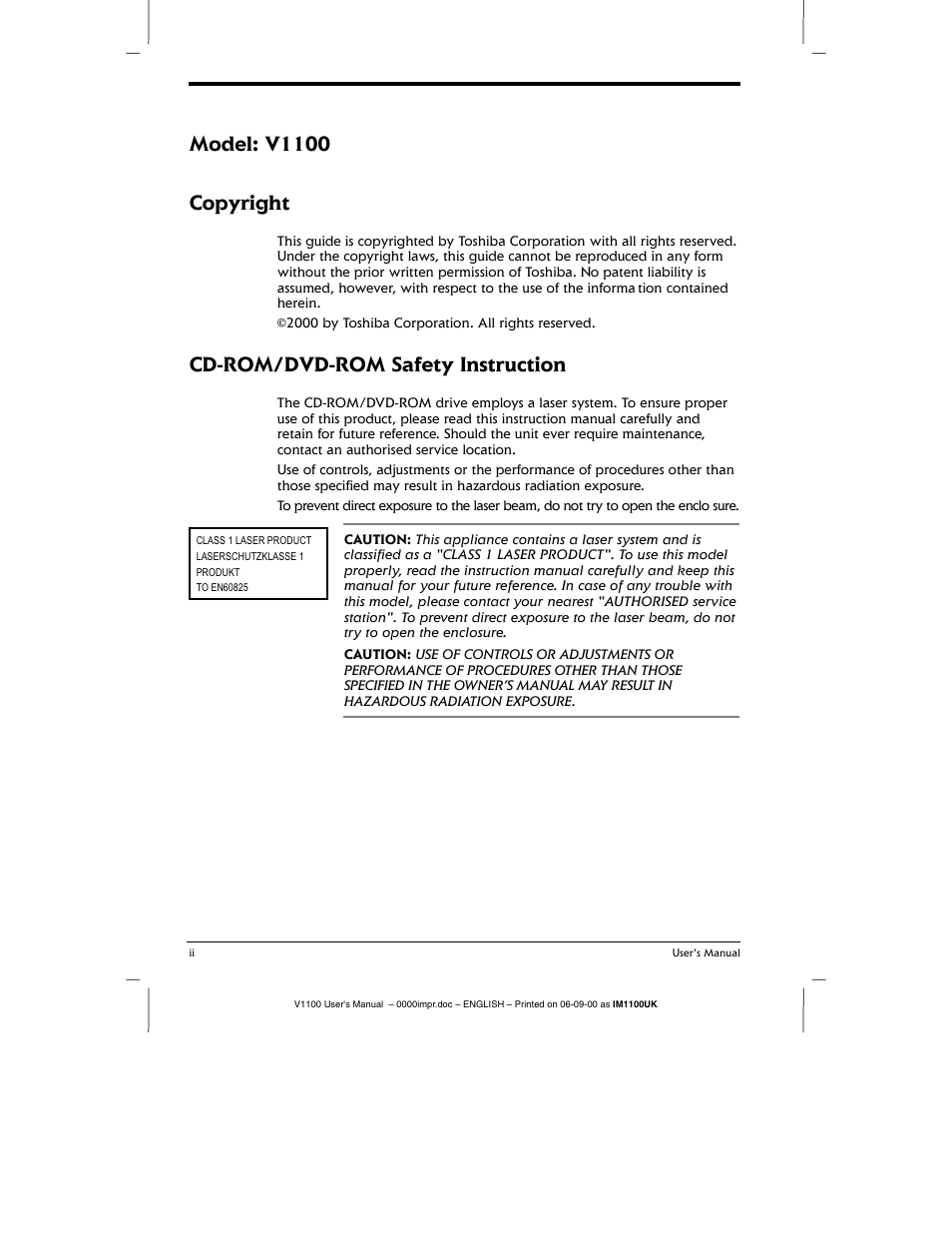Cd-rom/dvd-rom safety instruction | Toshiba V1100 User Manual | Page 2 / 76