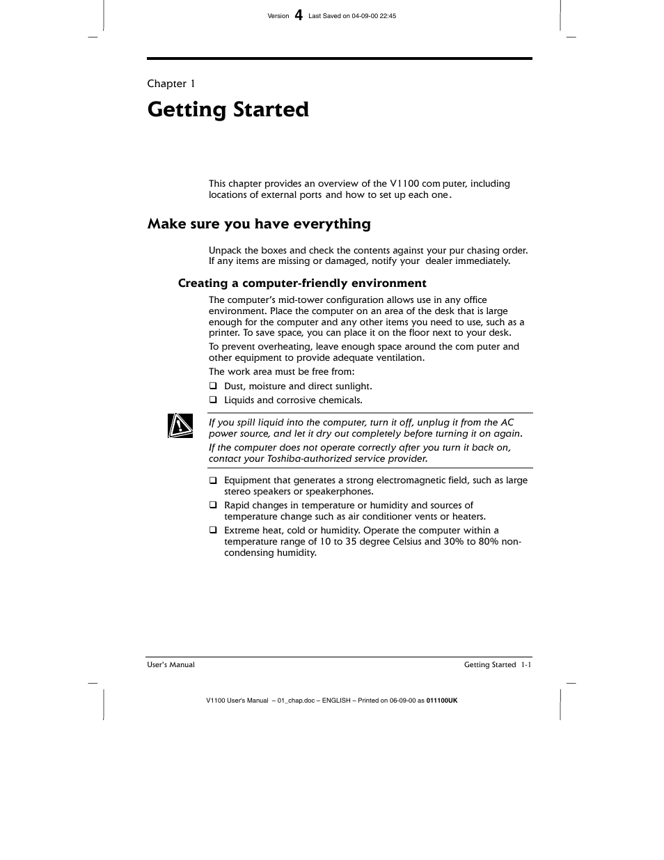 Make sure you have everything, Creating a computer-friendly environment, Make sure you have everything -1 | Creating a computer-friendly environment -1, Getting started | Toshiba V1100 User Manual | Page 21 / 76