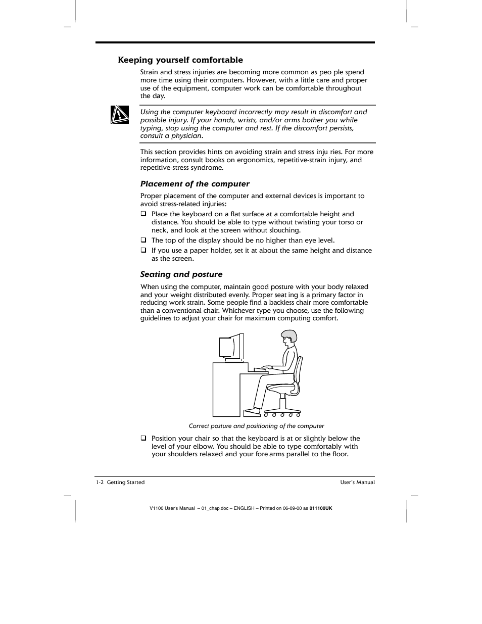 Keeping yourself comfortable, Keeping yourself comfortable -2, Placement of the computer | Seating and posture | Toshiba V1100 User Manual | Page 22 / 76