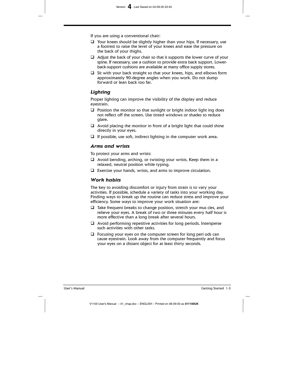 Lighting, Arms and wrists, Work habits | Toshiba V1100 User Manual | Page 23 / 76