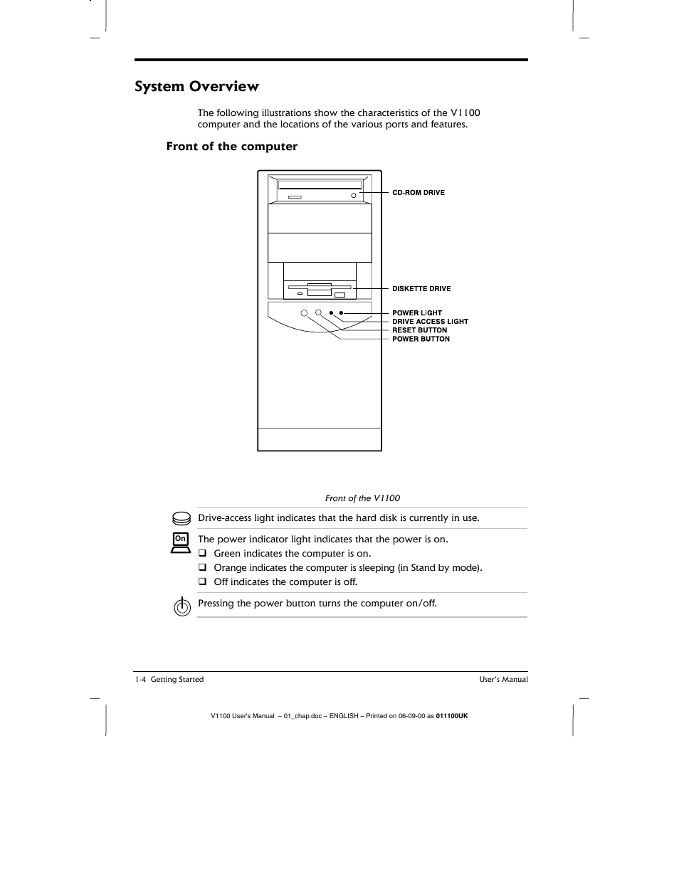 Front of the computer, Front of the computer -4, System overview | O. q | Toshiba V1100 User Manual | Page 24 / 76