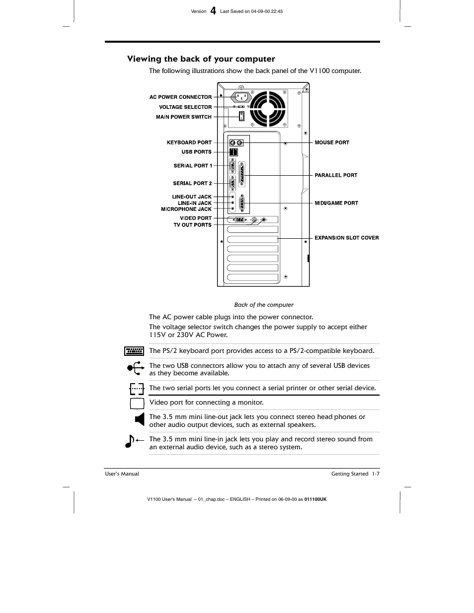 Viewing the back of your computer, Viewing the back of your computer -7 | Toshiba V1100 User Manual | Page 27 / 76