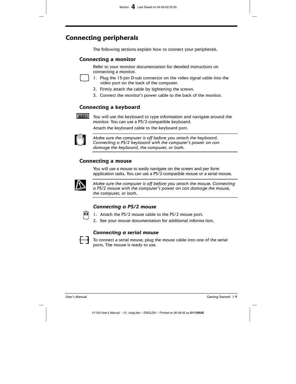 Connecting a monitor, Connecting a keyboard, Connecting a mouse | Connecting peripherals | Toshiba V1100 User Manual | Page 29 / 76