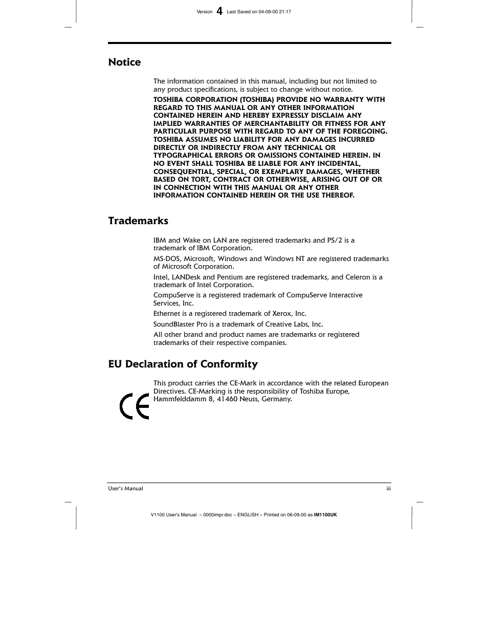 Toshiba V1100 User Manual | Page 3 / 76