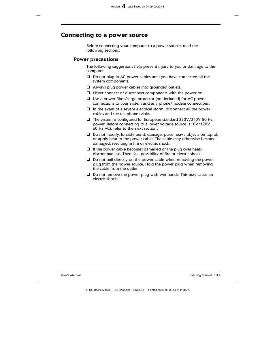 Power precautions, Power precautions -11, Connecting to a power source | Toshiba V1100 User Manual | Page 31 / 76