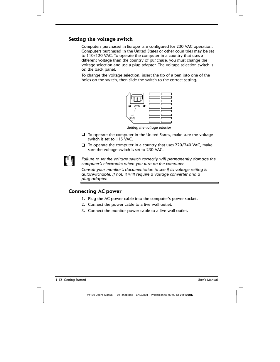 Setting the voltage switch, Connecting ac power, Setting the voltage switch -12 | Connecting ac power -12 | Toshiba V1100 User Manual | Page 32 / 76