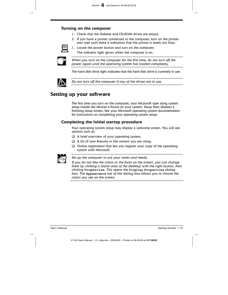 Turning on the computer, Turning on the computer -13, Setting up your software | Toshiba V1100 User Manual | Page 33 / 76