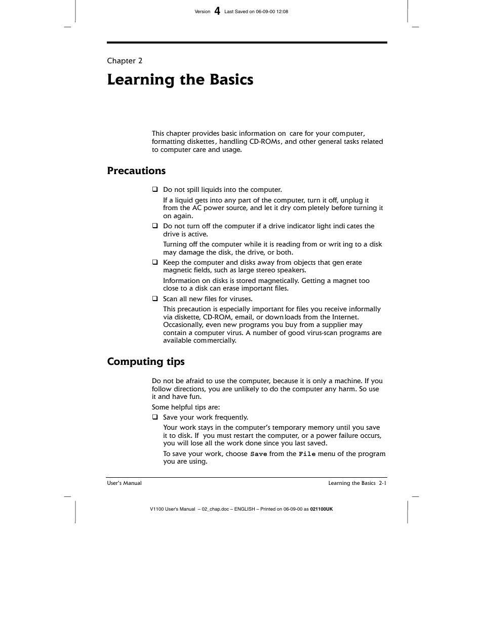 Learning the basics, Precautions, Computing tips | Toshiba V1100 User Manual | Page 35 / 76