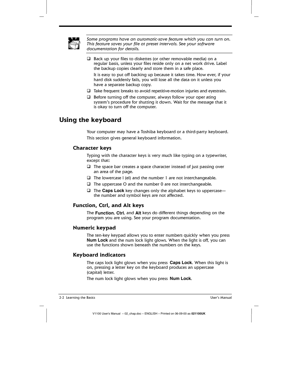 Character keys, Function, ctrl, and alt keys, Numeric keypad | Keyboard indicators, Character keys -2, Using the keyboard | Toshiba V1100 User Manual | Page 36 / 76