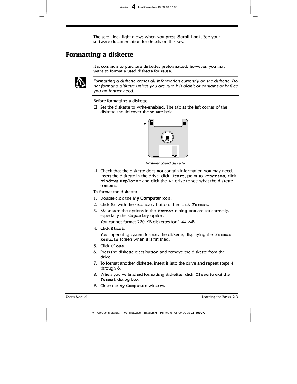 Formatting a diskette | Toshiba V1100 User Manual | Page 37 / 76