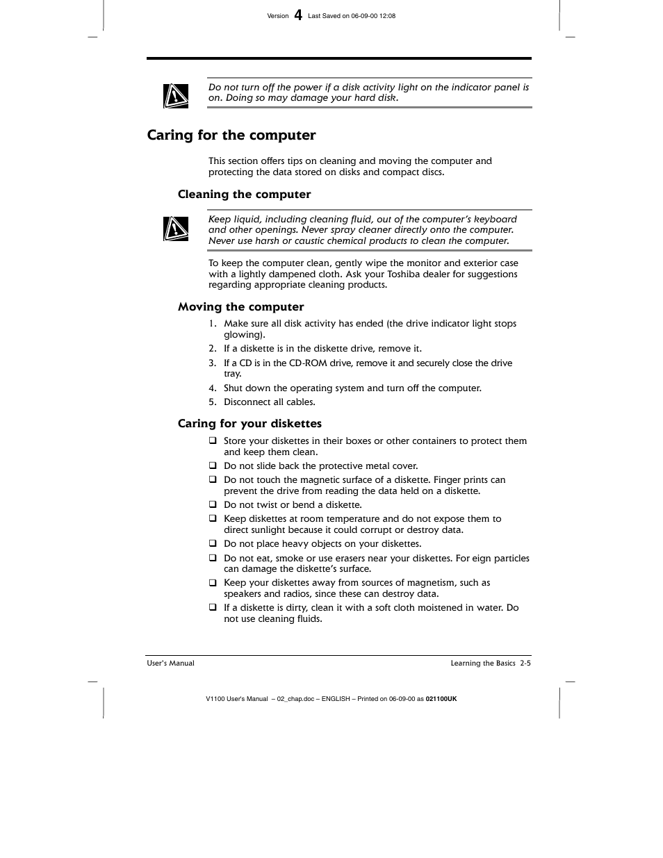 Cleaning the computer, Moving the computer, Setting up the computer -8 | Turning off the computer -5, Caring for the computer | Toshiba V1100 User Manual | Page 39 / 76