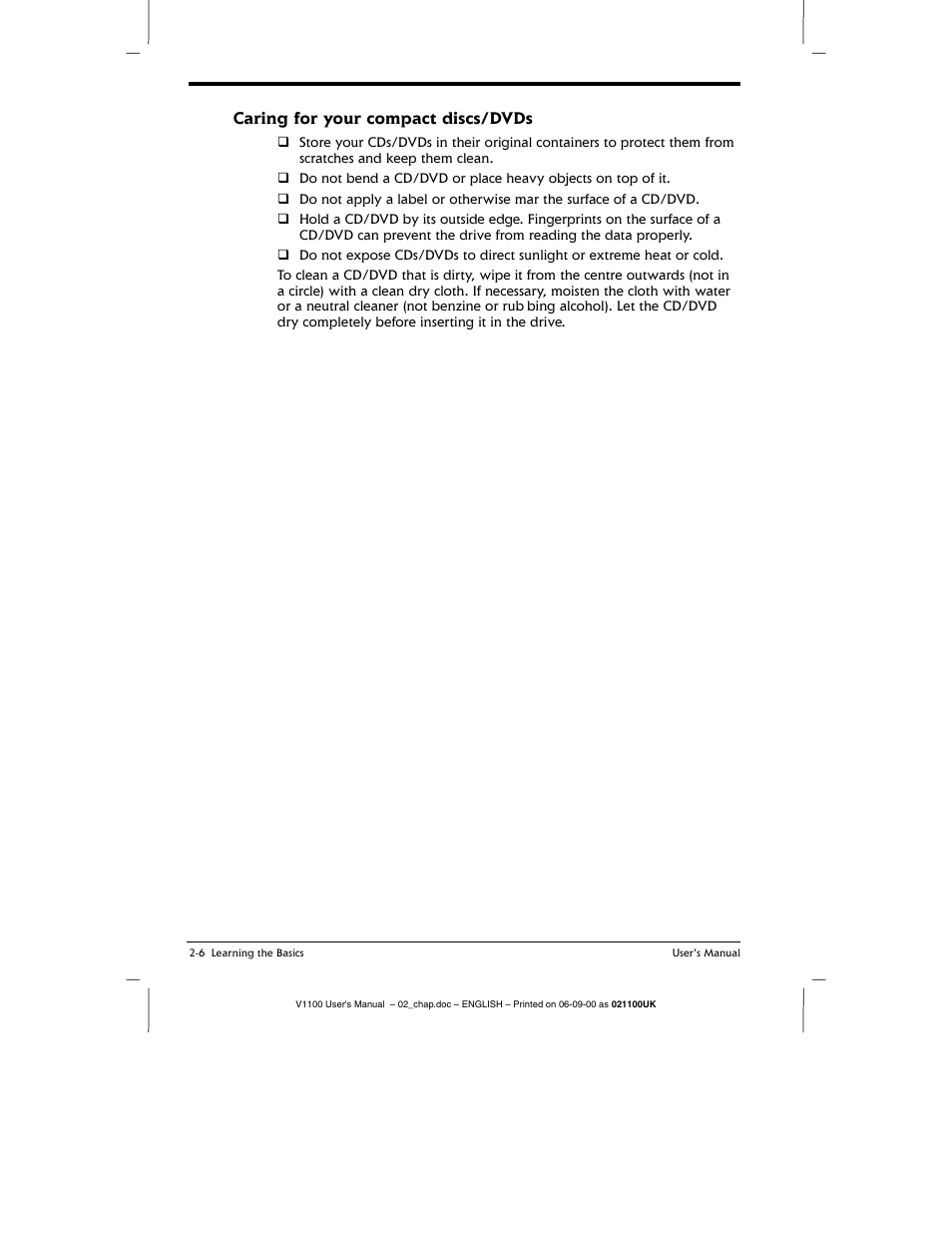 Caring for your compact discs/dvds, Caring for your compact discs/dvds -6 | Toshiba V1100 User Manual | Page 40 / 76