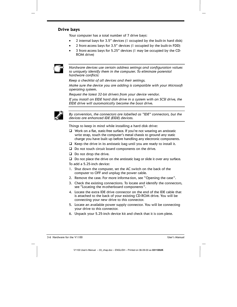 Drive bays, Drive bays -6 | Toshiba V1100 User Manual | Page 46 / 76