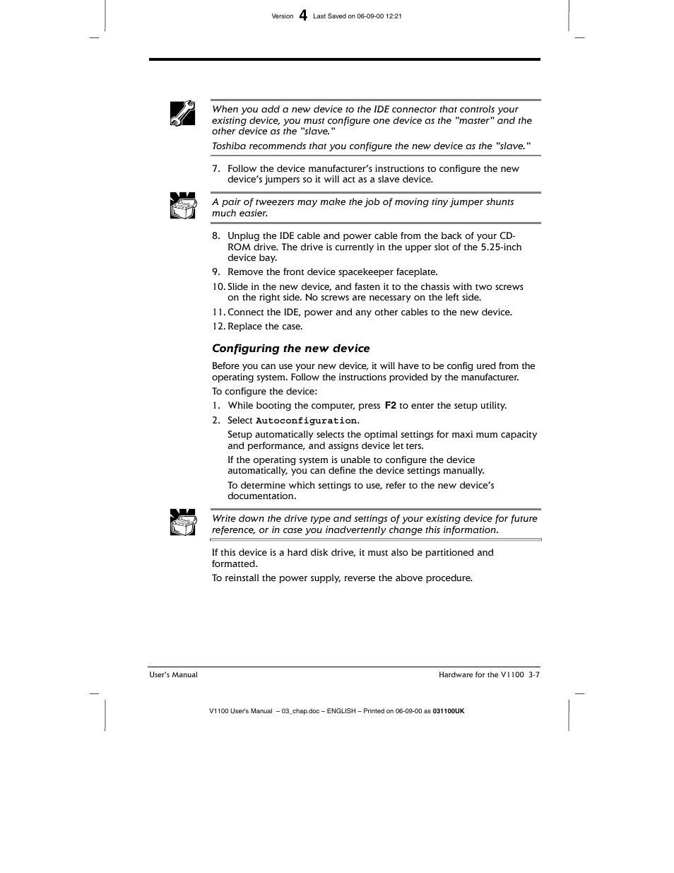 Configuring the new device | Toshiba V1100 User Manual | Page 47 / 76
