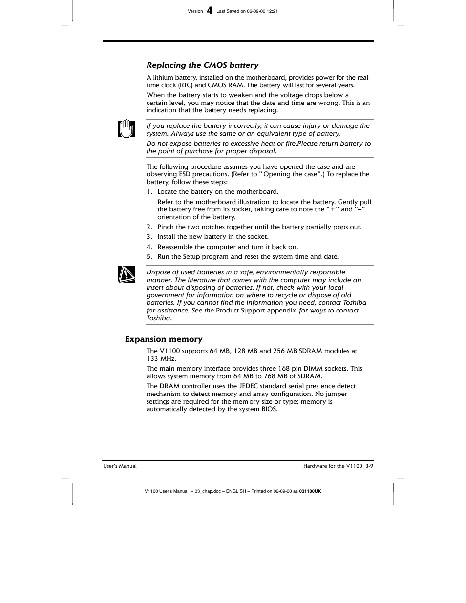 Expansion memory, Expansion memory -9 | Toshiba V1100 User Manual | Page 49 / 76