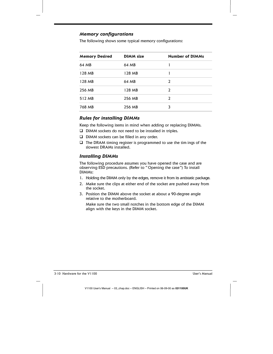 Rules for installing dimms, Installing dimms | Toshiba V1100 User Manual | Page 50 / 76