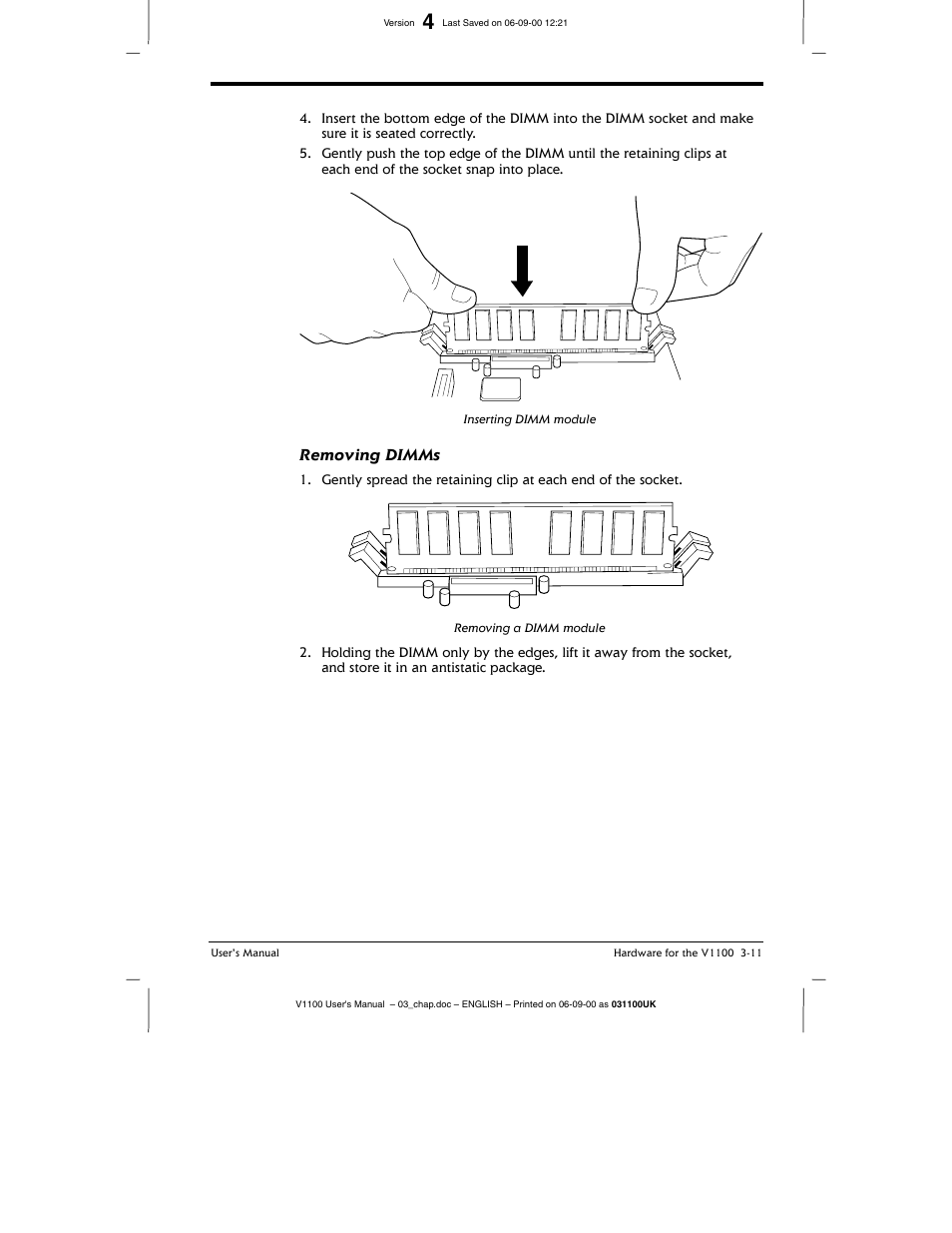 Removing dimms | Toshiba V1100 User Manual | Page 51 / 76