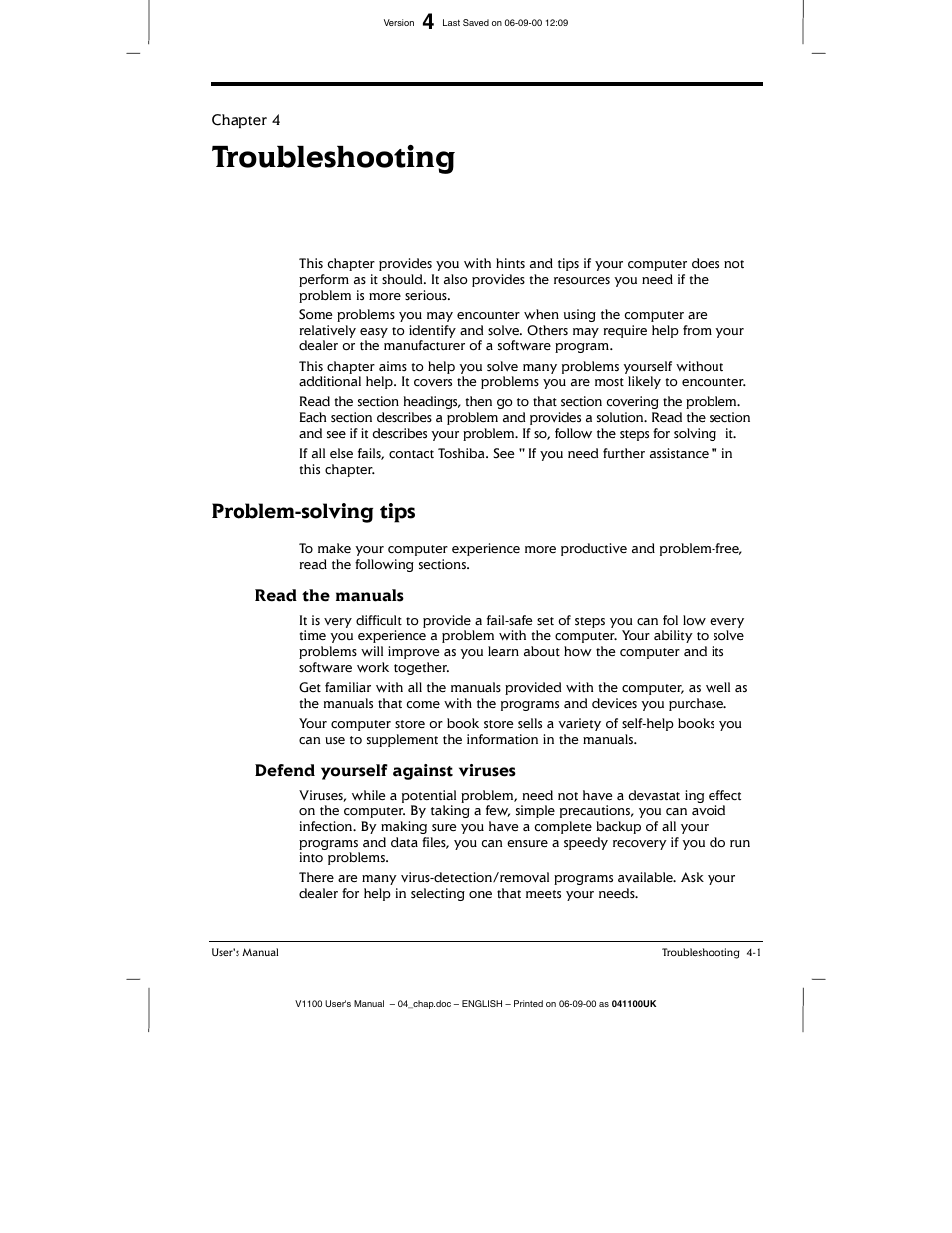 Read the manuals, Defend yourself against viruses, Troubleshooting | Problem-solving tips | Toshiba V1100 User Manual | Page 53 / 76