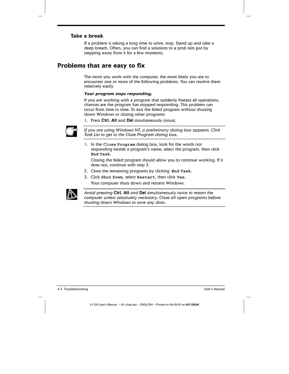 Take a break, Take a break -2, Problems that are easy to fix | Toshiba V1100 User Manual | Page 54 / 76