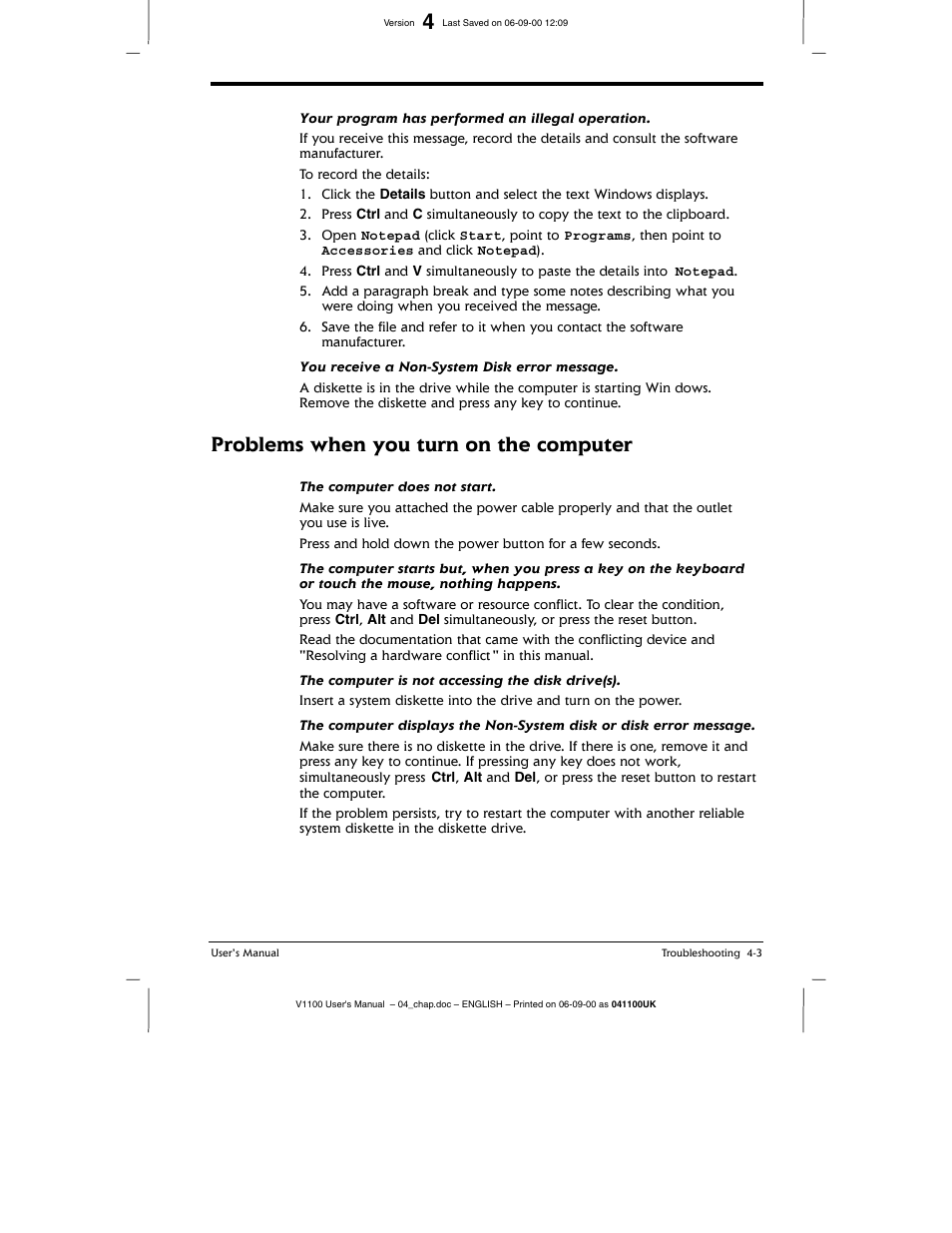 Problems when you turn on the computer | Toshiba V1100 User Manual | Page 55 / 76