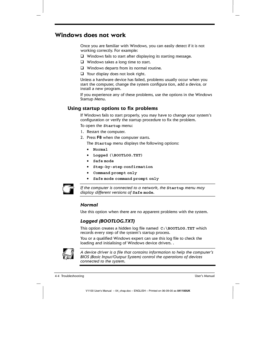 Windows does not work, Using startup options to fix problems, Normal | Logged (bggtlgc.txt) | Toshiba V1100 User Manual | Page 56 / 76